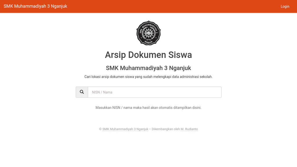 Tampilan halaman depan aplikasi Arsip Dokumen Siswa (ARDOS).