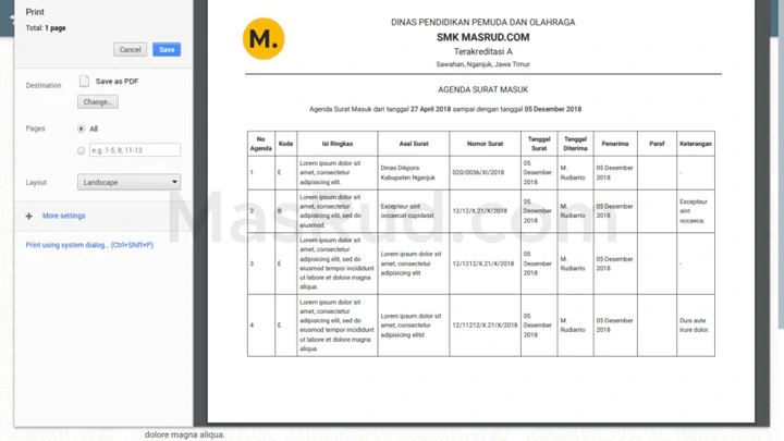 Tampilan halaman cetak agenda surat.