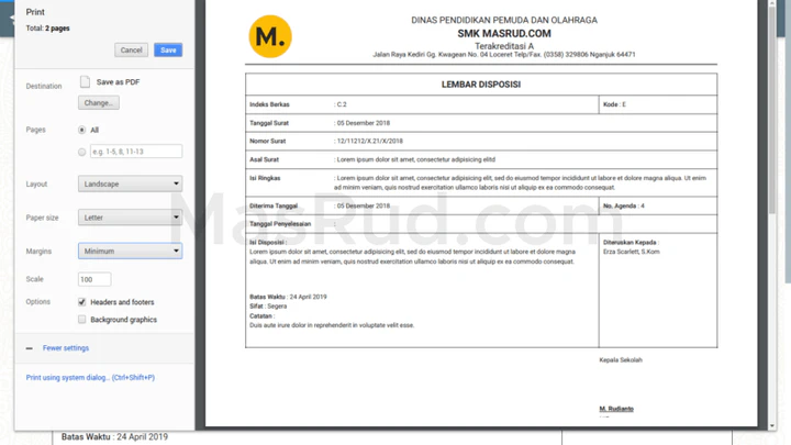 Tampilan halaman cetak disposisi surat.