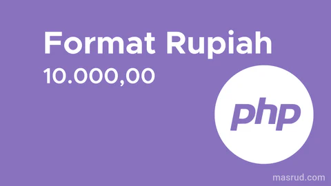 Banner tutorial PHP cara membuat format mata uang Rupiah 10.000,00 dengan logo PHP dan watermark MasRud.com.