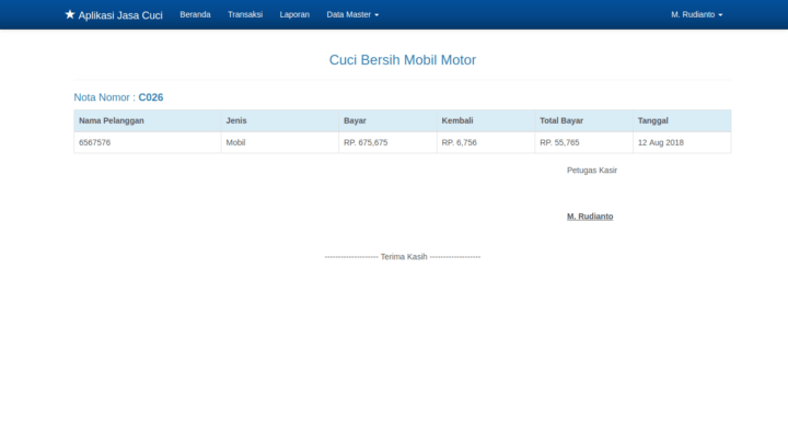 Pratinjau cetak nota pembayaran Aplikasi Jasa Cuci dengan detail nomor nota, nama pelanggan, jenis kendaraan mobil, rincian pembayaran, tanggal transaksi, dan tanda tangan petugas kasir.