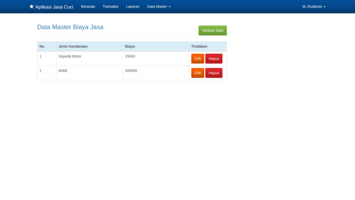 Tampilan antarmuka manajemen data master biaya jasa pada Aplikasi Jasa Cuci, menampilkan tabel tarif untuk mobil dan motor.