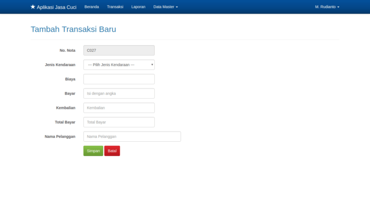 Antarmuka input data transaksi aplikasi kasir cuci kendaraan dengan desain UI bersih dan formulir pembayaran sistem informasi jasa cuci mobil dan motor.