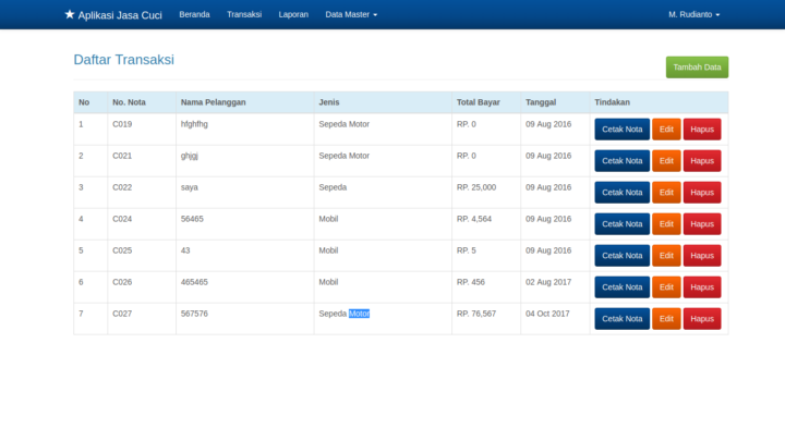 Antarmuka dashboard manajemen transaksi aplikasi jasa cuci mobil dan motor dengan fitur cetak nota, edit, dan hapus data.