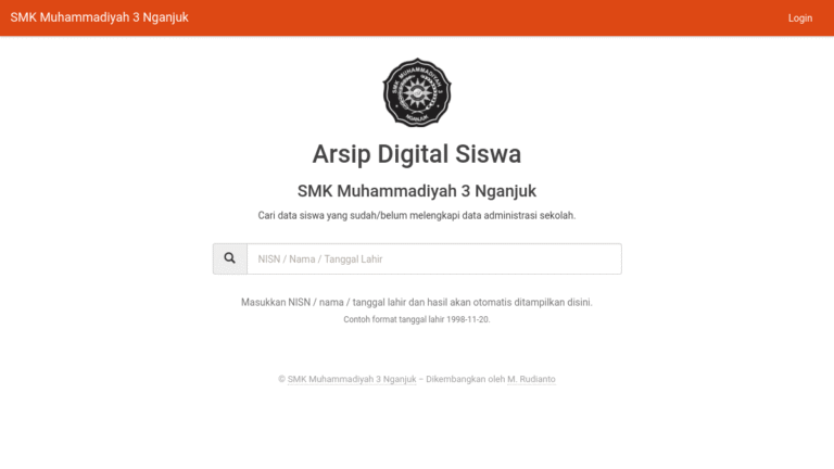 Antarmuka halaman utama Arsip Digital Siswa, menampilkan kolom pencarian data siswa berdasarkan NISN, Nama, atau Tanggal Lahir dengan desain minimalis putih.