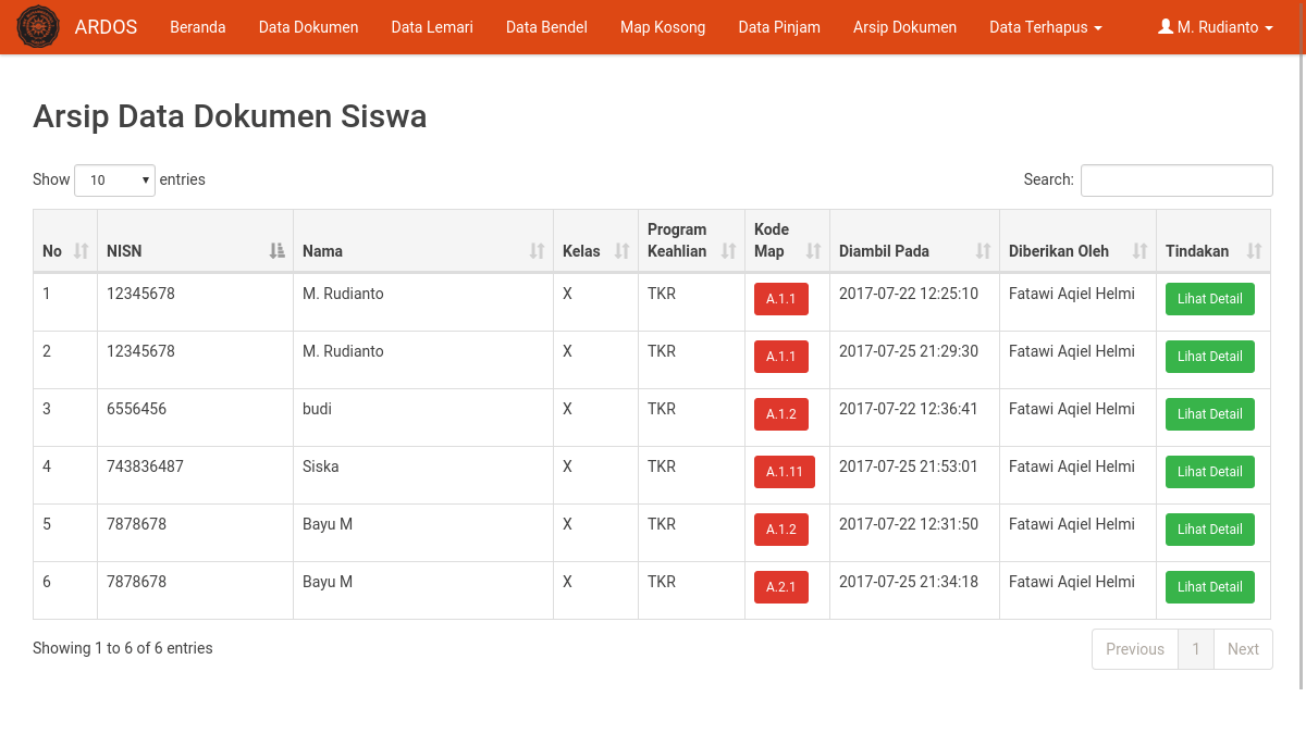 Antarmuka halaman Arsip Data Dokumen Siswa pada aplikasi ARDOS yang menampilkan riwayat pengambilan dokumen beserta kolom petugas pemberi dokumen.