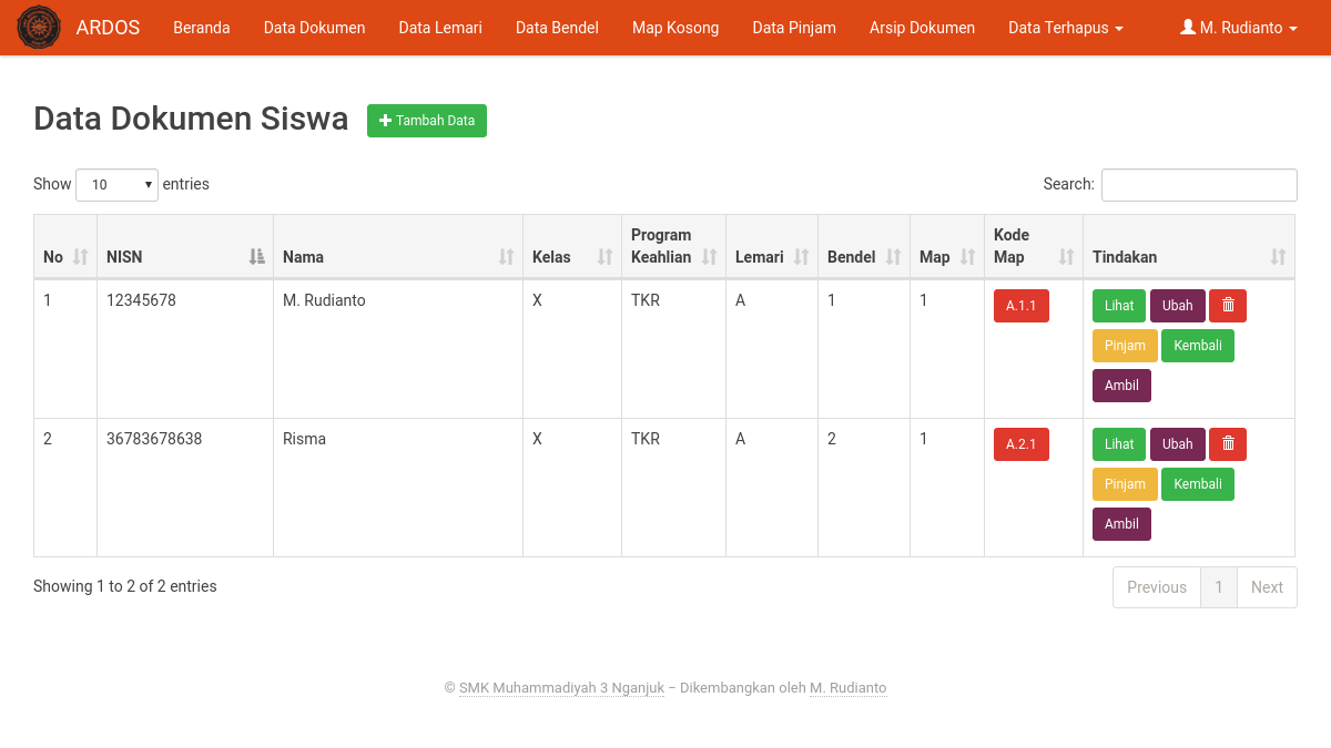 Tampilan antarmuka halaman Data Dokumen Siswa pada aplikasi ARDOS yang menampilkan tabel informasi NISN, Nama, Kelas, dan lokasi penyimpanan arsip.