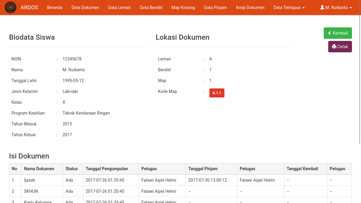 Tampilan detail Biodata Siswa dan Lokasi Dokumen di aplikasi ARDOS, lengkap dengan tabel status isi dokumen seperti Ijazah dan SKHUN.