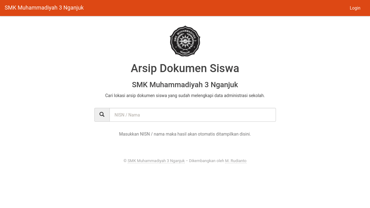 Tampilan halaman depan aplikasi Arsip Dokumen Siswa (ARDOS).