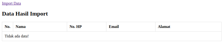 Tampilan antarmuka aplikasi web dengan pesan "Tidak ada data!" pada tabel hasil import.