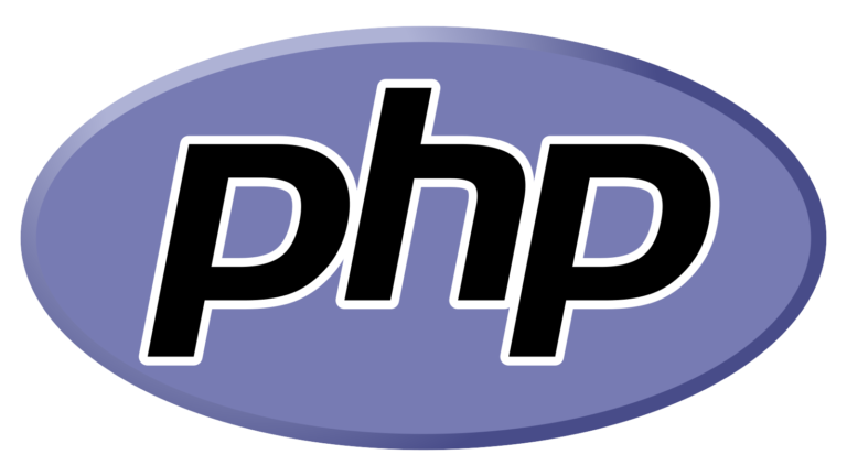 Logo resmi PHP dalam bentuk oval biru dengan teks hitam untuk aset visual web developer.