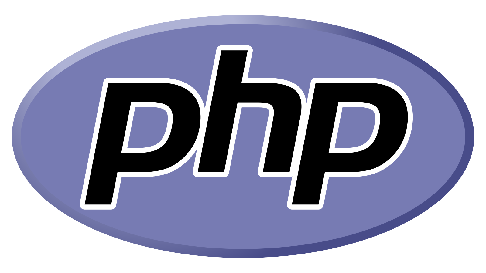 Logo resmi PHP dalam bentuk oval biru dengan teks hitam untuk aset visual web developer.