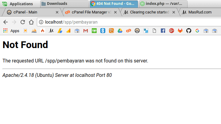 Tampilan error 404 Not Found pada server Apache Ubuntu dengan pesan "The requested URL was not found on this server" di localhost.