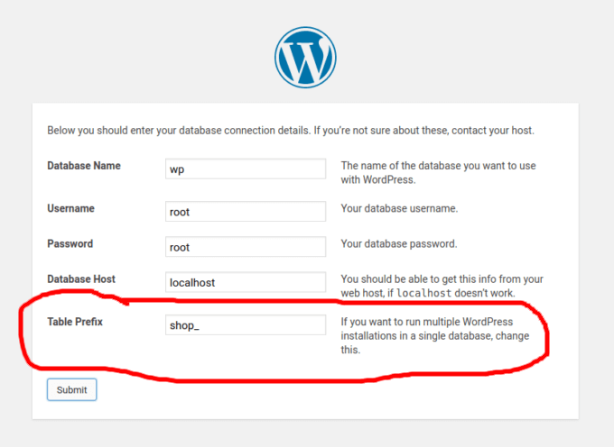 Konfigurasi Table Prefix pada setup wizard WordPress untuk menjalankan beberapa situs dalam satu database.