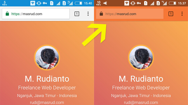 Perbandingan tampilan address bar browser Chrome di Android sebelum dan sesudah kustomisasi warna tema (theme-color) menjadi oranye.