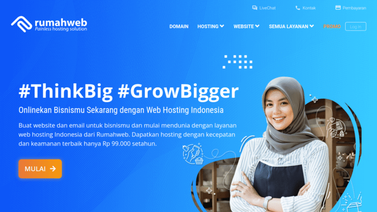 Banner promo Rumahweb Indonesia bertema ThinkBig GrowBigger menawarkan web hosting mulai Rp 99.000 per tahun dengan foto pelaku UMKM wanita berhijab.