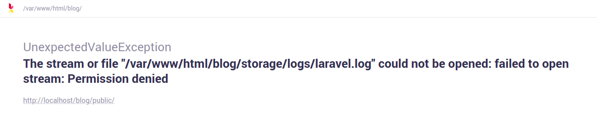 Screenshot error permission denied pada file log Laravel di direktori /var/www/html/blog/storage/logs/.
