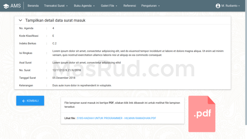 Tampilan detail file lampiran surat.