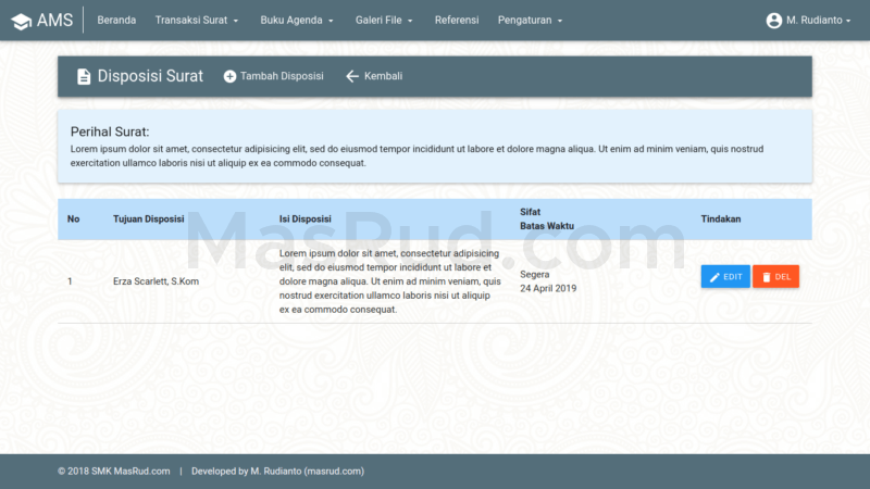 Tampilan halaman disposisi surat.