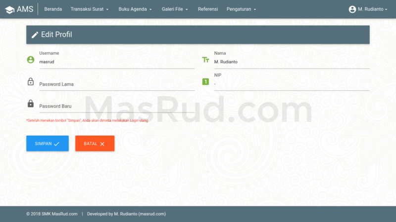 Tampilan edit profil dan ganti password.