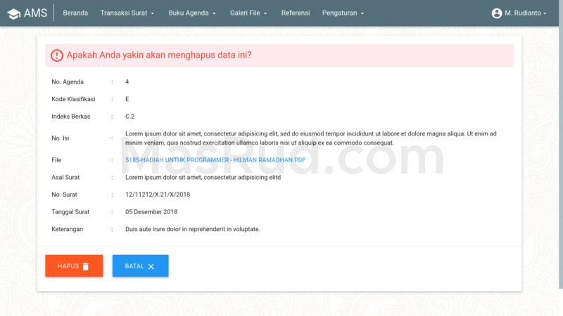 Tampilan halaman konfirmasi hapus surat.