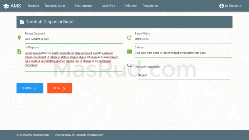 Halaman tambah disposisi surat.