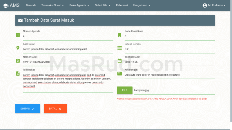 Tampilan halaman tambah data surat.