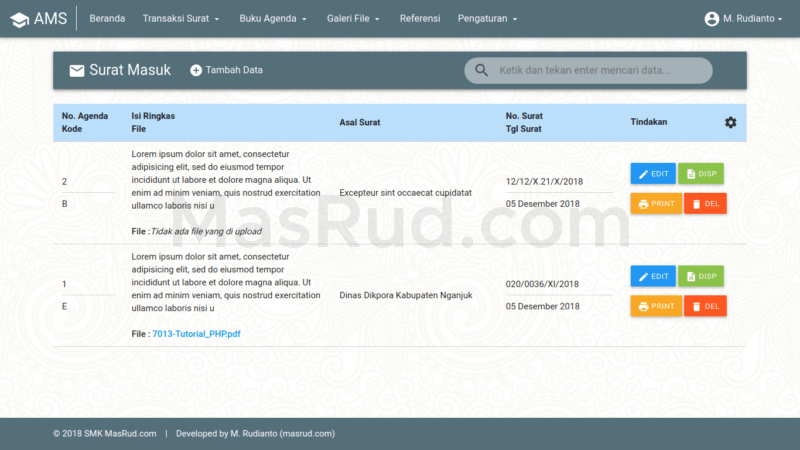 Tampilan halaman transaksi surat.
