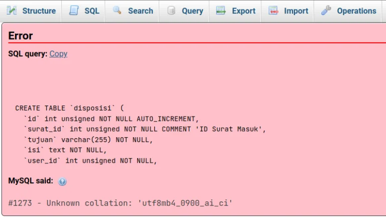 Pesan error MySQL #1273 - Unknown collation utf8mb4_0900_ai_ci pada phpMyAdmin saat impor database.