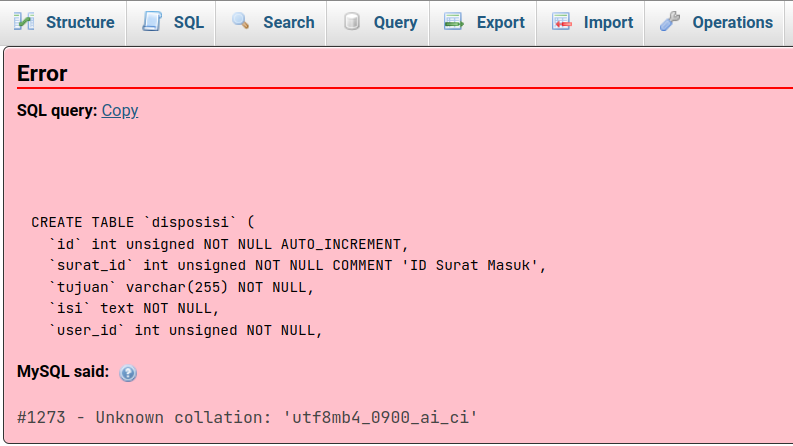 Pesan error MySQL #1273 - Unknown collation utf8mb4_0900_ai_ci pada phpMyAdmin saat impor database.