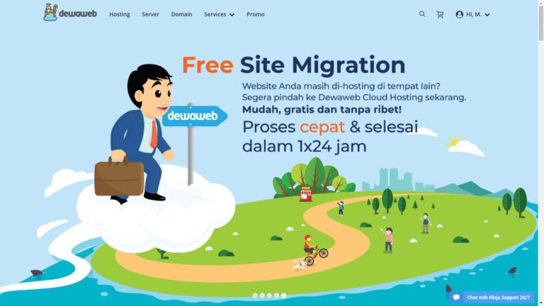 Banner layanan Free Site Migration Dewaweb Cloud Hosting dengan ilustrasi proses pindah website gratis, cepat, dan selesai dalam 1x24 jam.