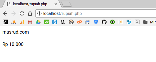 Screenshot output browser menampilkan format mata uang Rupiah tanpa desimal menggunakan PHP.