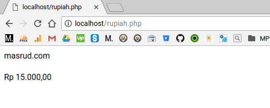 Screenshot output browser menampilkan format mata uang Rupiah menggunakan PHP.
