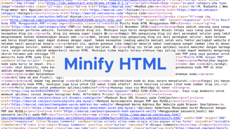 Teks besar "Minify HTML" di atas latar belakang potongan kode sumber website MasRud.com yang rapat tanpa spasi.