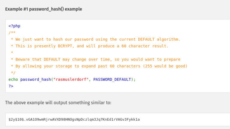 Contoh penggunaan fungsi password_hash pada PHP menggunakan algoritma PASSWORD_DEFAULT untuk menghasilkan hash kata sandi BCYRP sepanjang 60 karakter.