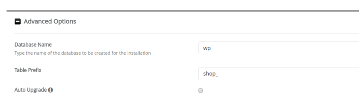 Pengaturan Table Prefix dan Database Name di menu Advanced Options Softaculous untuk instalasi WordPress.