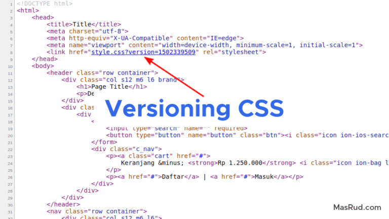 Contoh kode HTML implementasi CSS versioning menggunakan query string pada tag link stylesheet.
